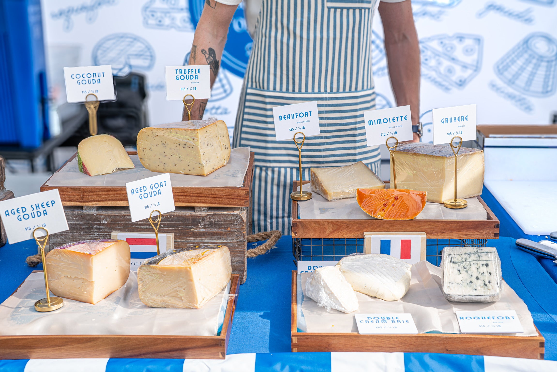 Selection of artisan cheeses at the market